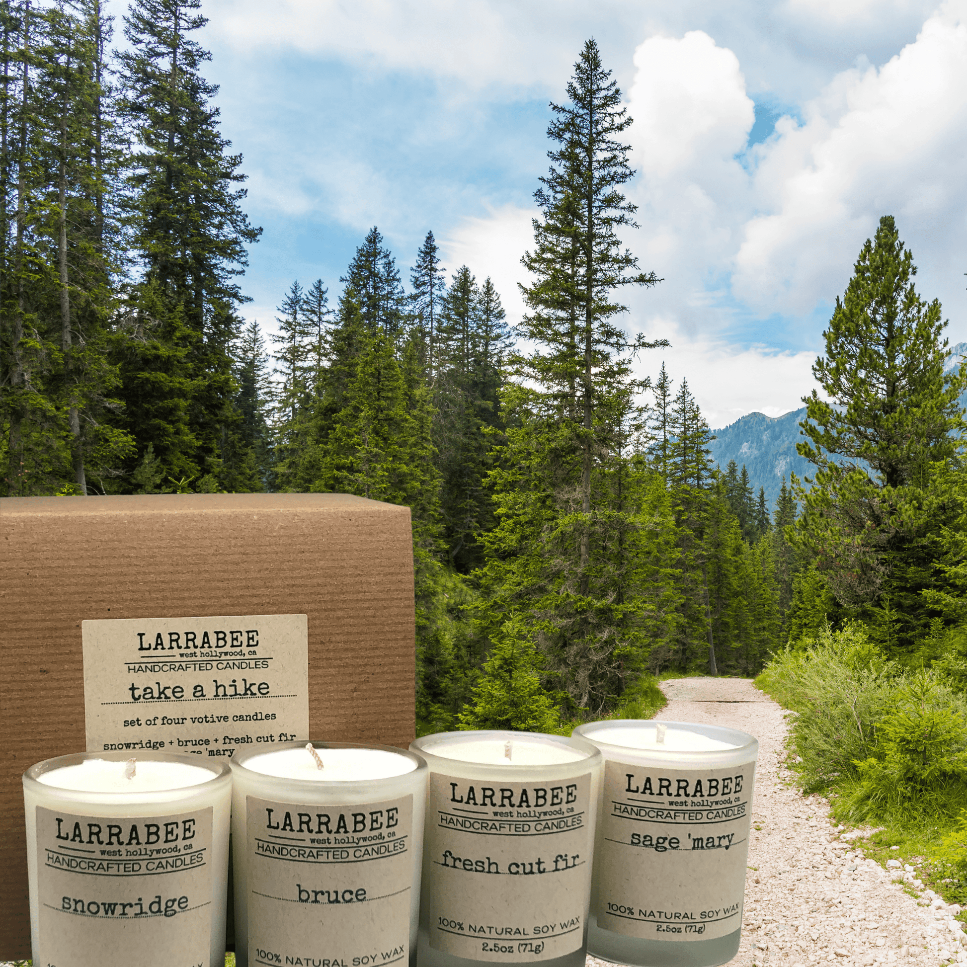 Promotional Photo Take A Hike handmade evergreen scented soy candle set made with 100% natural soy wax