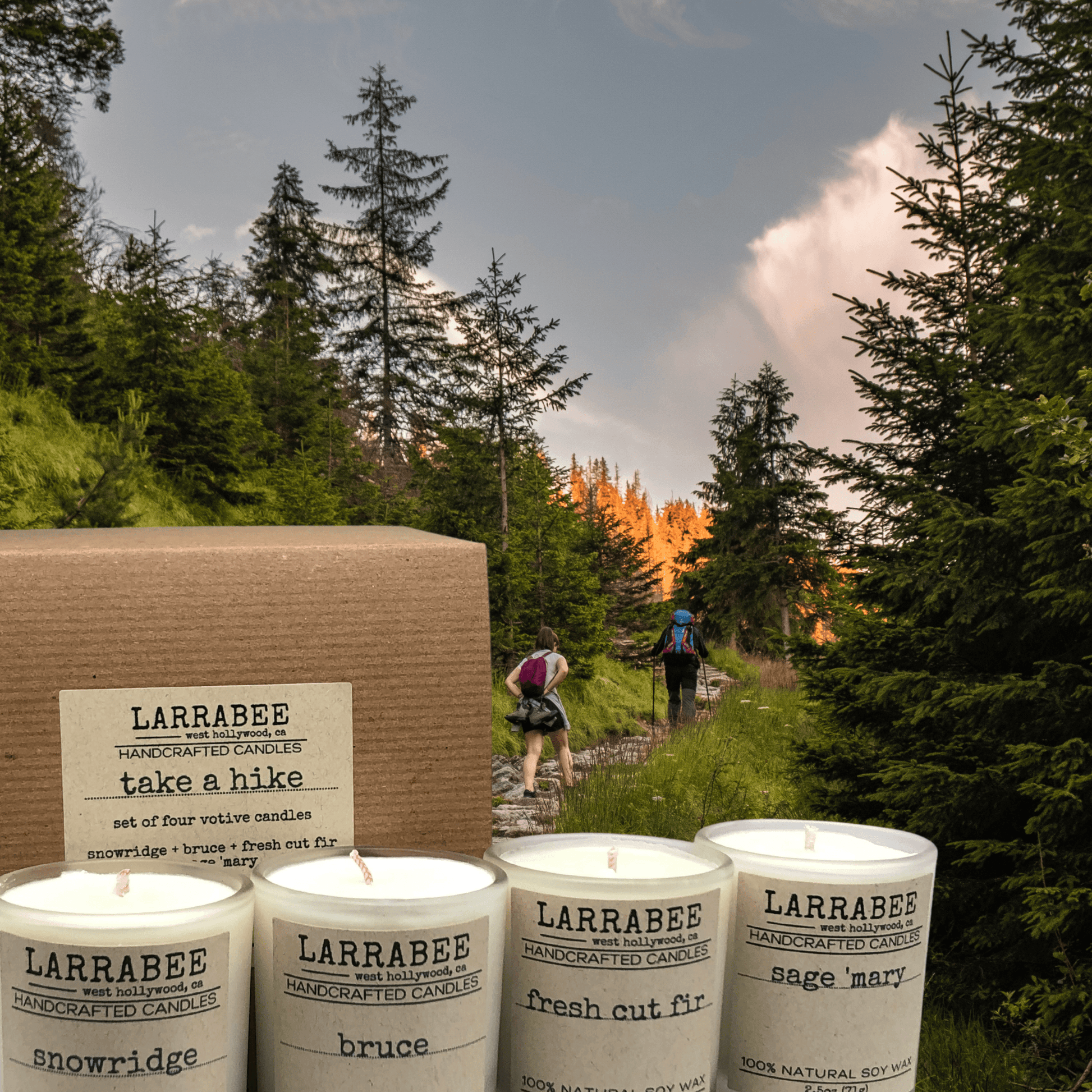 Promotional Photo Take A Hike handmade evergreen scented soy candle set made with 100% natural soy wax